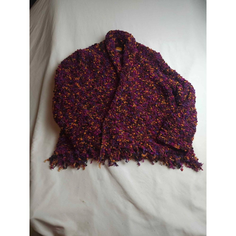 Ruby Rd Womens Purple Orange Popcorn Knit Fringe Open Front Cardigan Medium